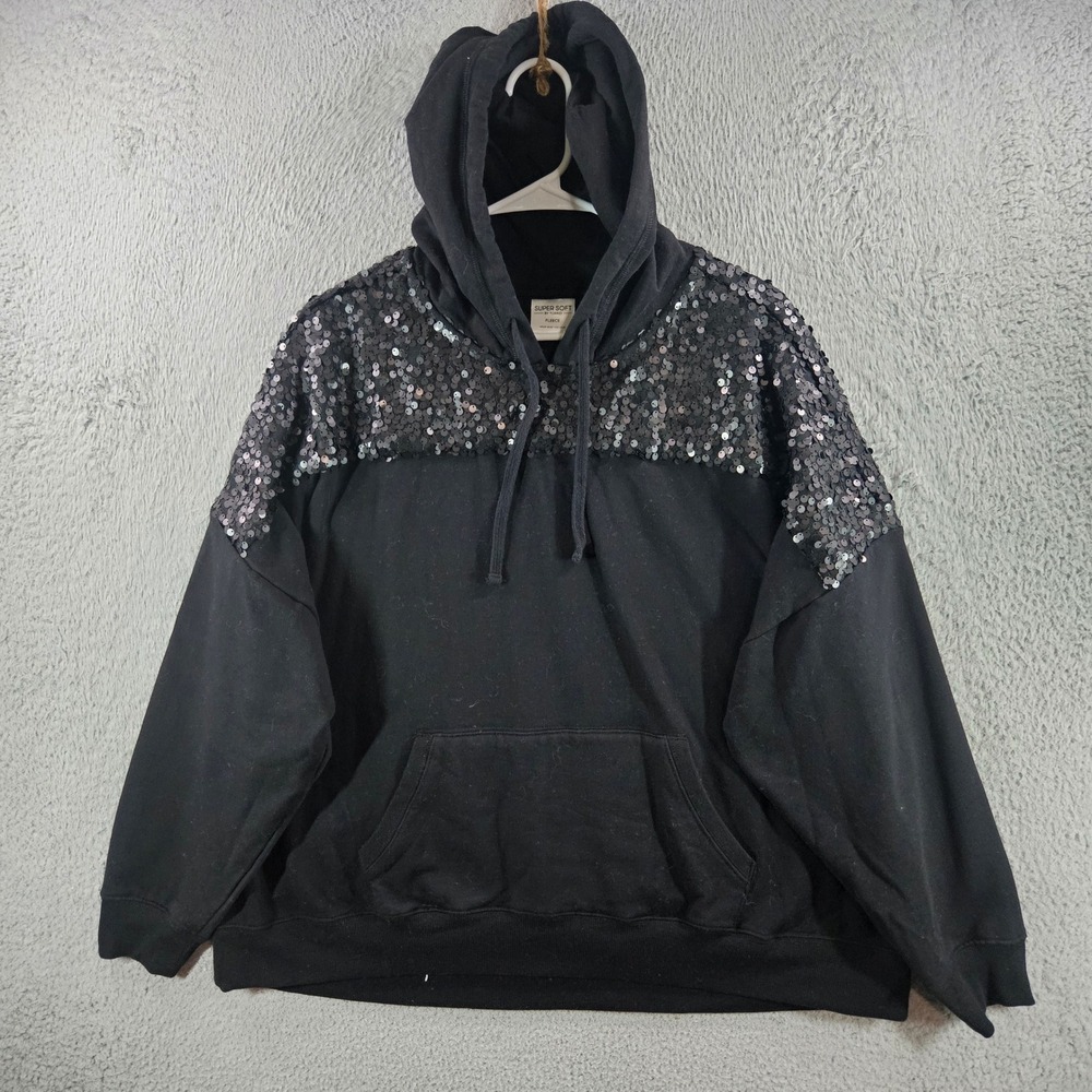 Torrid Super Soft Fleece Sequin Hoodie Black Pullover Sweatshirt Size 1 Plus
